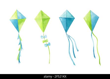 Aquarell-Set von Drachen mit verschiedenen Designs in grünen und blauen Farben. Handgezeichnete Illustration isoliert auf weißem Hintergrund. Stockfoto