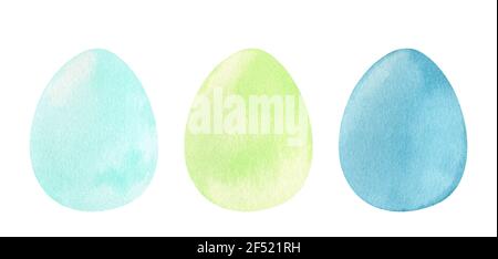 Aquarell-Set mit gefärbten Ostereiern in blauen und grünen Farben. Festliche Designelemente isoliert auf weißem Hintergrund. Stockfoto