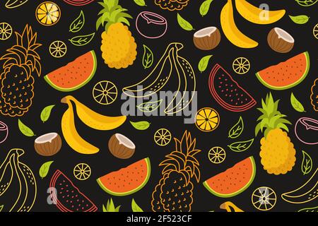 Frucht Cartoon nahtlose Muster. Banana Kokosnuss, Wassermelone orange, Ananas Tapete tropischen Sommer Textur süßes Essen. Comic handgezeichnete hawaii Fruit Textur. Entwerfen Sie eine isolierte Vektordarstellung Stock Vektor