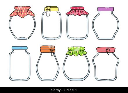 Glas leer Glas Doodle Set. Konturetikett Verpackung Stau Zeichnung für Notizen, Datum oder Preis. Cartoon Saft Tag oder Aufkleber. Glas farbige Kappen, Rahmen Produkt Landwirt Markt umreißen mockup Vektor Illustration Stock Vektor