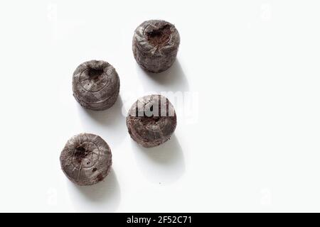 Isolierte, verdichtete Torfpellets (POD) für den Saatgutanbau werden von Gärtnern verwendet. Torf wird nicht nachhaltig geerntet und hat zu irreversiblen Schäden geführt. Coc Stockfoto