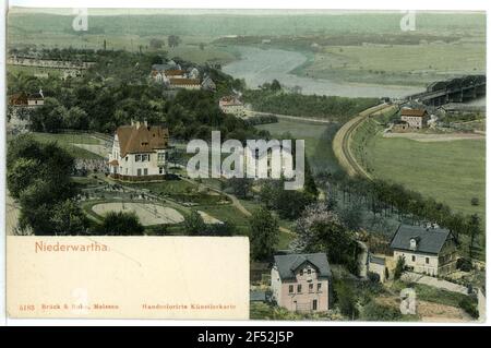 Blick auf den Ort und Elbe Niederwartha. Blick auf d. Platz und Elbe Stockfoto