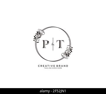 PT Buchstaben handgezeichnet feminine und florale botanische Logo geeignet für Spa Salon Haut Haar Schönheit Boutique und Kosmetik Unternehmen. Stock Vektor