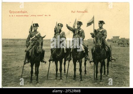 1. Königliches sächsisches Husarenregiment König Albert Nr. 18 auf Patrouille Großenhain. K.S.1.Hus.-Reg. König Albert No,18 auf Patrouille Stockfoto