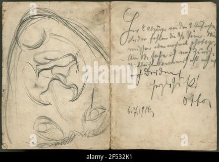 Männerportrait (Karikatur), Bleistiftzeichnung, undatiert, nicht bezeichnet, und Text von Otto Dix auf mittig gefaltetem Kartonblatt quer-4 Grad; darauf (um 180 Grad gedreht) 2 Fotografien (Dix, Otto: Büste Friedrich Nietzsche, 1912) Stockfoto