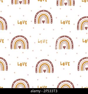 Nahtloses Muster mit abstraktem Regenbogen und Herzen. Modernes Design für Tapeten und Wohnkultur. Moderne Vektor-Illustration im Boho-Stil Stock Vektor