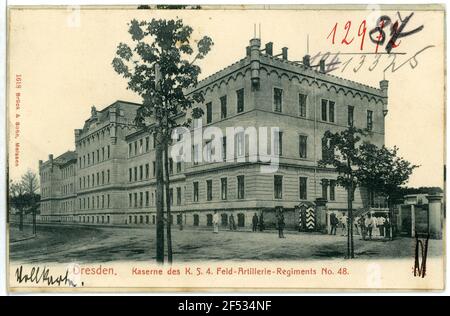 Artillerie-Kaserne Dresden. Baracke des Royal Saxon 4th Field Artillery Regiment Nr. 48 Stockfoto