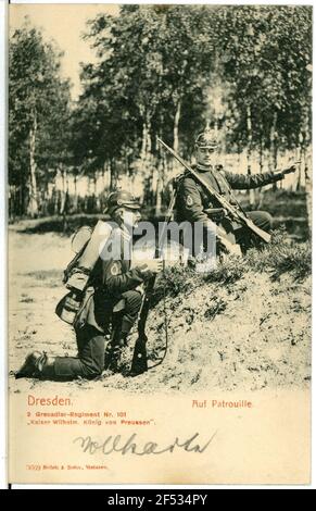 Auf Patrouille, 2. Grenadier Regiment Nr. 101 Dresden. 2. Grenadier-Regiment No,11 'Kaiser Wilhelm, König von Preußen'. Auf Patrouille Stockfoto