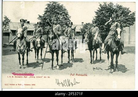 1. Königliches sächsisches Husarenregiment König Albert Nr. 18 - auf Patrouille Großenhain. 1.K.S. Hus.-Regin. König Albert No,18 - auf Patrouille Stockfoto