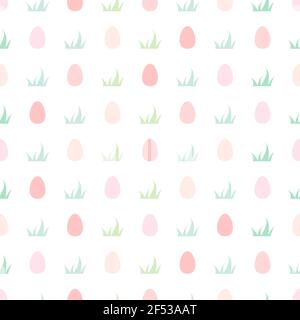 Nahtloses Muster mit rosa Ostereiern und grünem Gras auf weiß isoliert. Niedliche Vektorgrafik. Weiche Pastellfarben. Stock Vektor