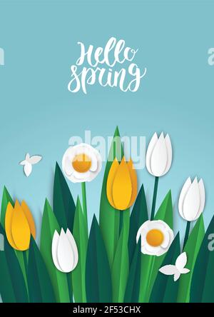 Frühlingsangebot Banner mit Papier mit Tulpen und Narzissen. Banner perfekt für Werbeaktionen, Magazine, Werbung, Websites. Vektorgrafik. Stock Vektor