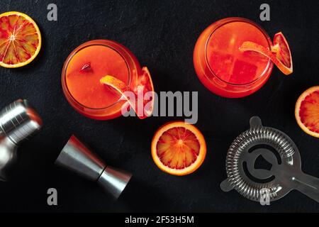 Orangencocktails mit Blutorangen, Top Shot Stockfoto