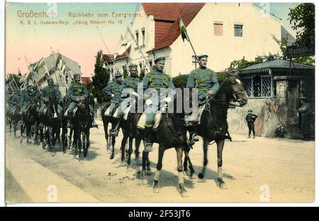 1. Königlich Sächsisches Husarenregiment König Albert Nr. 18 Rückkehr des Exercers Großenhain. K.S.1.Hus.-Reg. König Albert No,18 Backk. v. EXERZ. Stockfoto