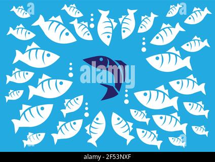 Neugierige weiße Fische, die einen einzelnen dunkelblauen Fisch umgeben. Stilvolle Cartoon Vektor Illustration isoliert auf blauem Hintergrund Analogie für Konzept auf sein Stock Vektor