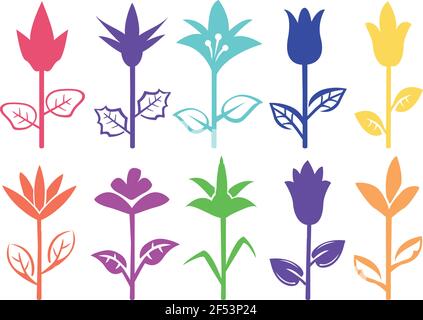 Designs von Silhouetten von Blumen mit aufrecht Stiel und Blätter in der Seitenansicht. Vektorgrafik isoliert auf weißem Hintergrund. Stock Vektor