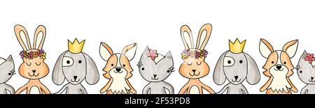Tiere niedlich nahtlose Grenze auf einem weißen Hintergrund. Wiederholende horizontale Kinder Muster bemalt Hund, Katze, Kaninchen, Hase. Cartoon niedlich Illustration für Stockfoto