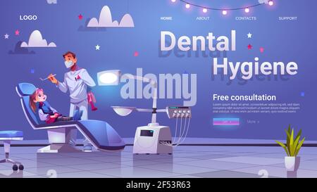 Zahnärztliche Hygiene Banner mit Arzt und Mädchen Patientin Stock Vektor