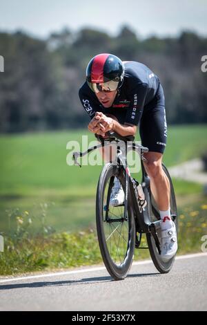 Volta Catalonia 23,3.2021- Jonathan Castroviejo fährt für das Team Ineos Grenadiers im Zeitfahren 18,5km in Fontcoberta bei Banyoles, Spanien Stockfoto