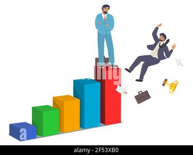 Geschäftsmann, Büroangestellter oder Mitarbeiter fallen von Balkendiagramm, flache Vektor-Illustration. Zusammenbruch der beruflichen Laufbahn. Stock Vektor