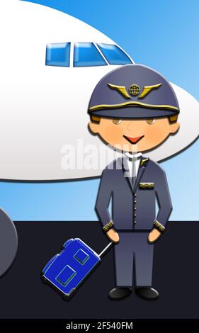 Karikatur eines niedlichen glücklichen Flugzeug-Piloten, in seiner Uniform. Diese Illustration ist Teil einer Sammlung verschiedener Berufe. Stockfoto