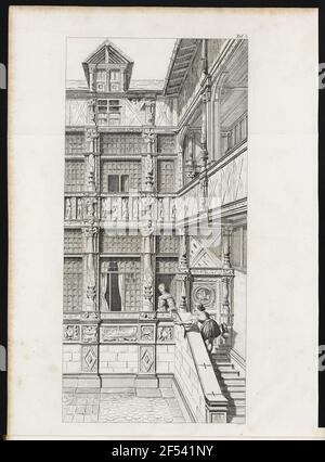Hof eines alten Holzhauses in Rouen. Zeichnung von Prof. Semper an Séchan. Kupferstich. TAF. 4 aus: Rombergs Zeitschrift für praktische Architekturkunst / Ansage d. Neueste Erfindungen, Entdeckungen, Erfahrungen u. Veranstaltungen in den Gebieten d. Tiefbau f. Architekten, Bauingenieure, Bauherren, Bauherren u. Bauhandwerker. Dresden: Slub Archit,449-10,1850 Stockfoto