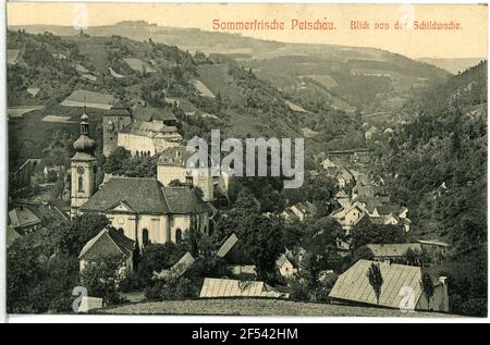 Blick auf Petschau von der Uhr Petschau. Blick auf Petschau von der Towwatch Stockfoto