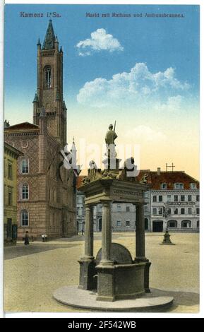 Markt mit Rathaus und Andreasbrunnen Kamenz. Markt mit Rathaus und Andreasbrunnen Stockfoto