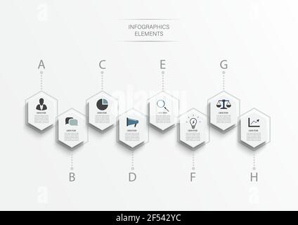 Infografik-Design-Vorlage und Marketing-Symbole. Vorlage für Diagramm, Diagramm, Präsentation und Runddiagramm. Geschäftskonzept mit 8 Optionen, Teile. Stock Vektor