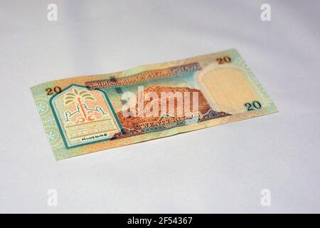 Saudi-Arabien 20 riyals Banknote, der Saudi riyal ist die Währung von Saudi-Arabien, selektive Fokus der Saudi-Königreich zwanzig riyals Bargeld Stockfoto