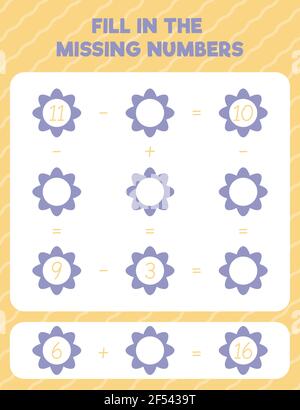 Geben Sie die fehlenden Zahlen ein. Druckbare Übungsseite für mathematische Arbeitsblätter. Zählen und Schreiben. Stock Vektor