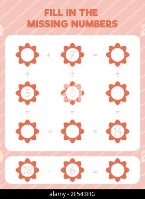 Geben Sie die fehlenden Zahlen ein. Druckbare Übungsseite für mathematische Arbeitsblätter. Zählen und Schreiben. Stock Vektor