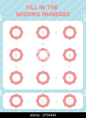 Geben Sie die fehlenden Zahlen ein. Druckbare Übungsseite für mathematische Arbeitsblätter. Zählen und Schreiben. Stock Vektor