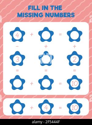 Geben Sie die fehlenden Zahlen ein. Druckbare Übungsseite für mathematische Arbeitsblätter. Zählen und Schreiben. Stock Vektor
