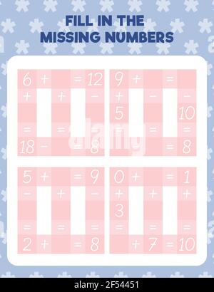 Mathe Arbeitsblatt Übung Seite drucken. Geben Sie die fehlenden Zahlen ein. Zählen und Schreiben. Stock Vektor