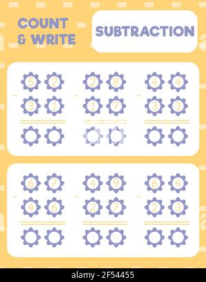 Mathe Arbeitsblatt Übung Seite drucken. Zweistellige Subtraktion. Spaltenmethode. Zählen und Schreiben. Stock Vektor