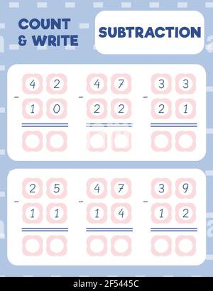 Mathe Arbeitsblatt Übung Seite drucken. Zweistellige Subtraktion. Spaltenmethode. Zählen und Schreiben. Stock Vektor