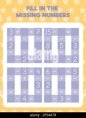 Mathe Arbeitsblatt Übung Seite drucken. Geben Sie die fehlenden Zahlen ein. Zählen und Schreiben. Stock Vektor