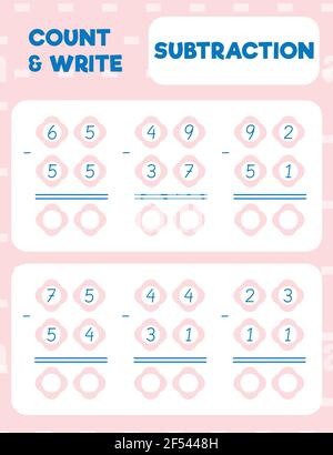 Mathe Arbeitsblatt Übung Seite drucken. Zweistellige Subtraktion. Spaltenmethode. Zählen und Schreiben. Stock Vektor