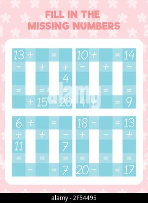 Mathe Arbeitsblatt Übung Seite drucken. Geben Sie die fehlenden Zahlen ein. Zählen und Schreiben. Stock Vektor