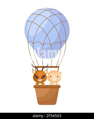 Niedliche kleine Gazelle, Kamel fliegen auf blauen Heißluftballon. Zeichentrickfigur für Kinderbuch, Album, Babydusche, Grußkarte, Party-Einladung, hou Stock Vektor
