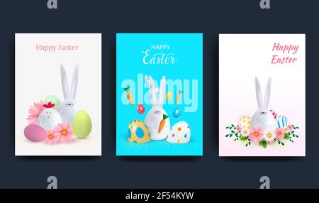 Ostern Set von Grußkarten, Weihnachtsumschläge, Plakate, Flyer im 3D realistischen Stil mit goldenem Ei und Keramik Kaninchen. Modernes minimalistisches Design für Stock Vektor