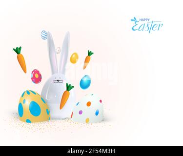 Frohe Ostern Urlaub Hintergrund. Festliches Design mit realistischen 3D Häschen- und Hühnchen-Dekorelementen. Frühlingsblumen und Eier. Banner, Webposter, Flyer Stock Vektor