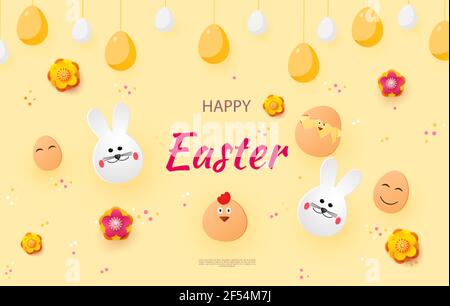 Osterkarte mit Hasen und Hühnern, Frühlingsblumen und flachen Ostersymbolen auf buntem Hintergrund. Stock Vektor