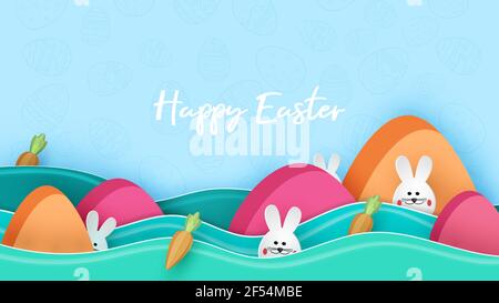 Frohes osterfest im Papierkunststil mit Hase und Eier Vektor Illustration.Osterjagd Stock Vektor