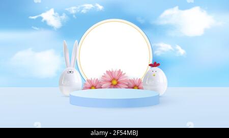 Frohe Ostern. Design Kaninchen mit Eiern. Festliche Frühling 3D Komposition. Realistische Bühne, Laufsteg, festliches Studio. Minimaler Hintergrund. Modern und kreativ Stock Vektor