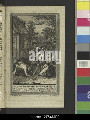 Love, Gottlob August to Kraus, Georg Melchior: C. H. Koch, J. C. Student, E. S. Preysing [Scheidler], J. M. Böck, J. E. Duration as Sophie, Dorchen, Hannchen, Dolmon Father and Walder in 'Walder'. Ländliches Spektakel mit Gesang von G. Benda, Libretto von F. W. Gotter. Kupferstich; 10,7 x 7 cm (Blattgröße). Abb. V Off: Theaterkalender, über das Jahr 1777. Hrsgg. Von Heinrich August Ottokar Reichard. Gotha, Carl Wilhelm Ettinger. Dresden: Slub Dramat,234 Stockfoto