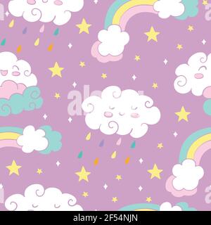 Nahtloses Muster mit Regenbogenwolken und Sternen auf rosa Hintergrund. Vektor-Illustration für Party, drucken, Baby-Dusche, Tapete, Design, Einrichtung, l Stock Vektor