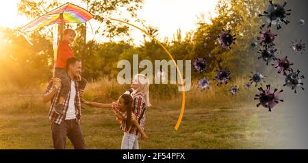 Starke Immunität - gesunde Familie. Glückliche Eltern mit Kindern vor Viren und Bakterien geschützt, Illustration Stockfoto