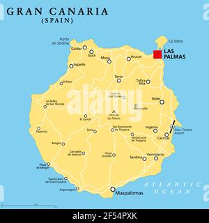 Politische Landkarte von Gran Canaria mit der Hauptstadt Las Palmas. Grand Canary Island, Teil von Spanien, zweitbevölkerungsreichste Insel der Kanarischen Inseln. Stockfoto