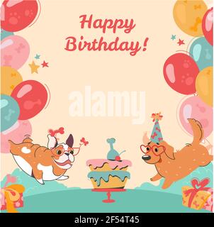Geburtstag von lustigen Hunden. Alles gute zum Geburtstag Postkarte mit Welpen. Bulldog und Labrador, Kuchen, Geschenke, bunte Ballons auf isoliertem Hintergrund. Vektor-Einladung mit herzlichen Glückwunsch, im Cartoon-Stil Stock Vektor